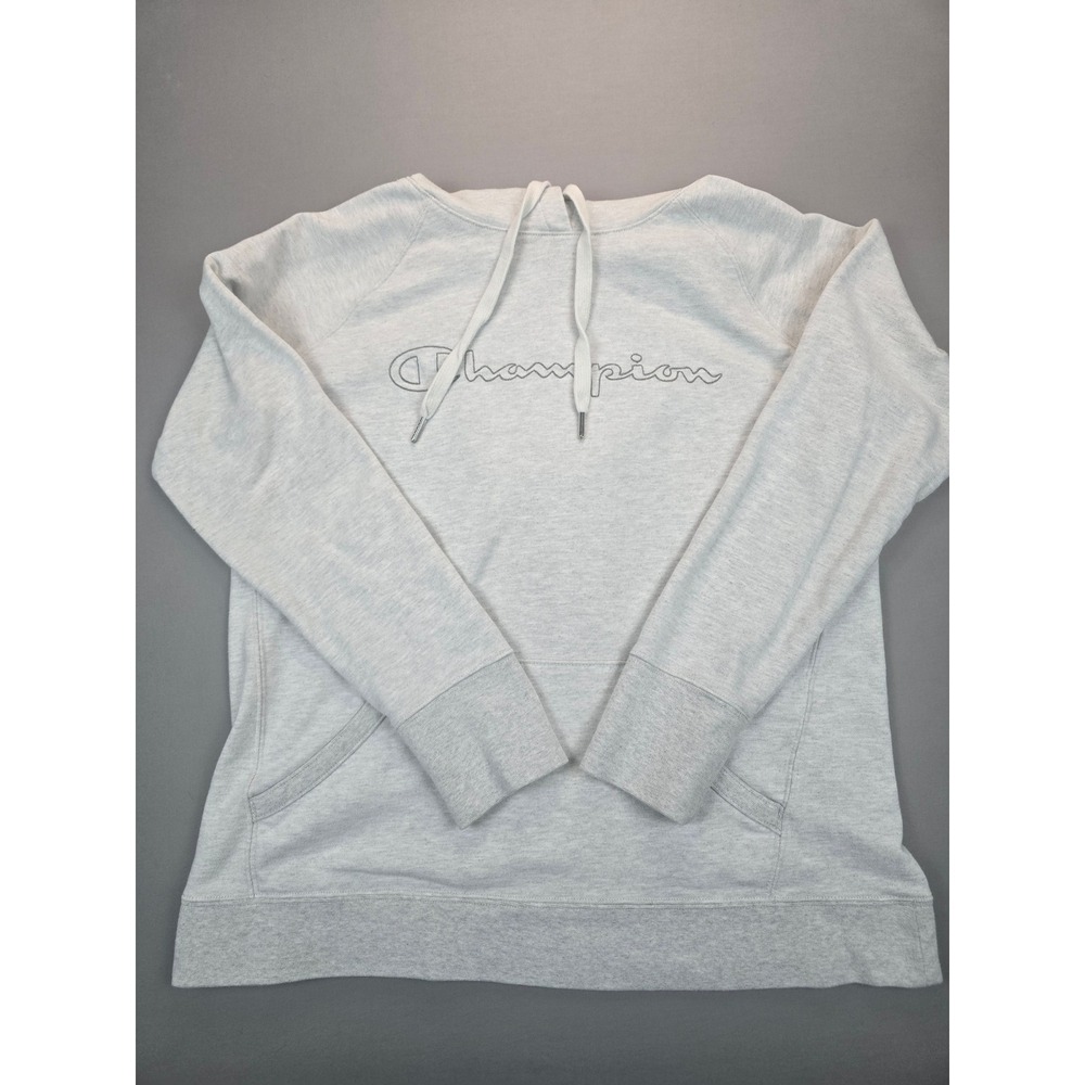 Champion Heather Grey Hoodie Embroidered Script Cotton Blend Sweatshirt - Large